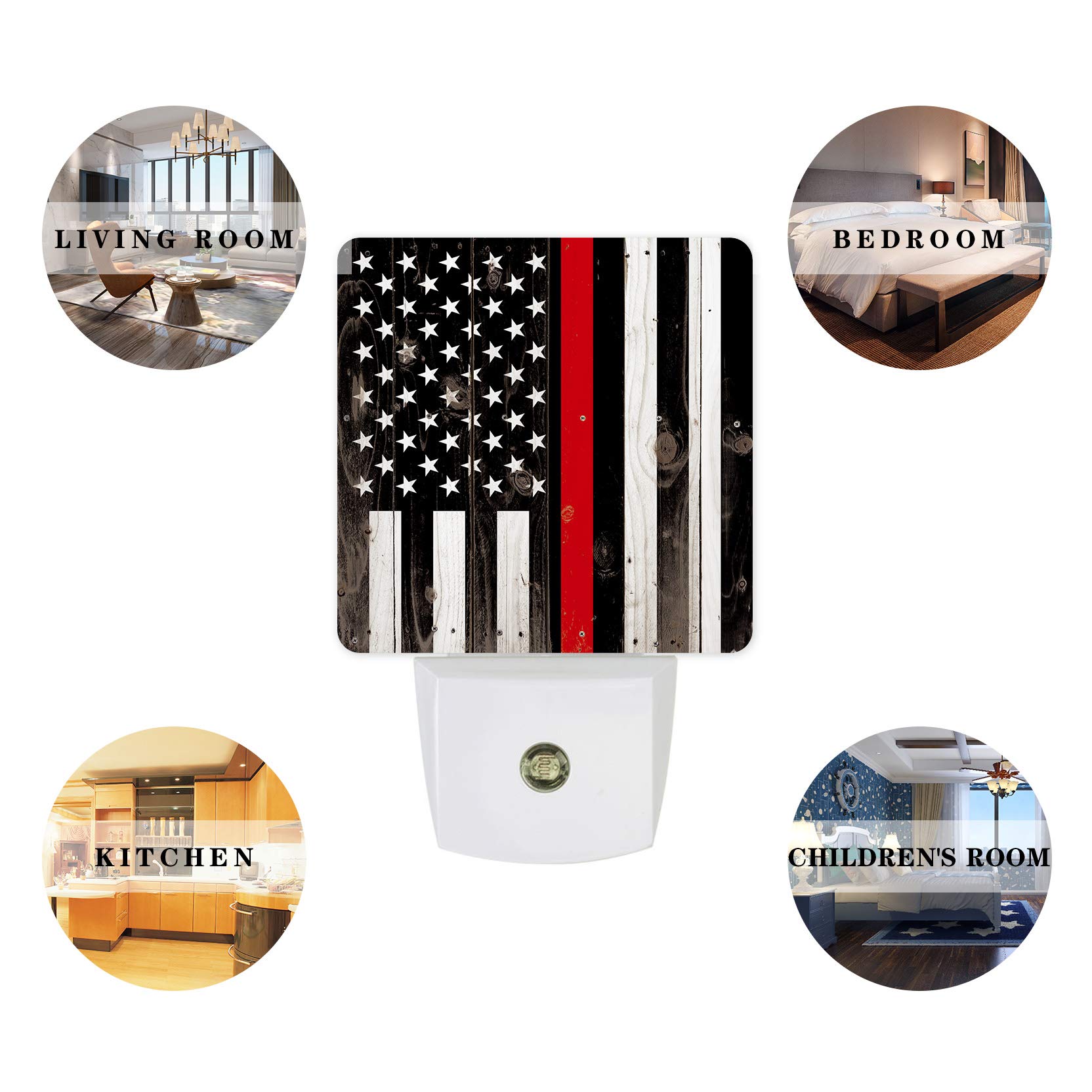 USA Flag LED Night Light with Auto Sensor - Thin Red Line Firefighter Respect Plug-in Wall Lamp for Bedroom, Hallway, Kids & Adults | Bright Square Night-Lights for Home Decor & Safety