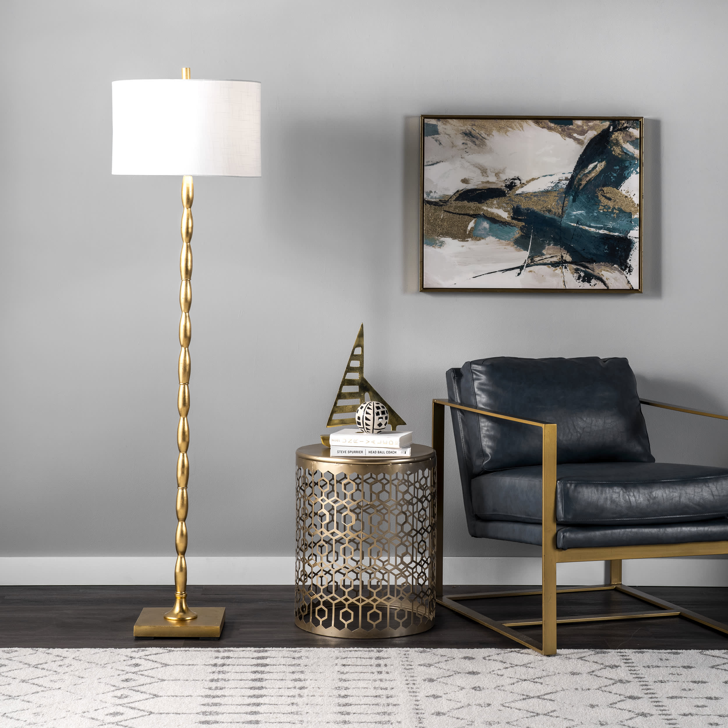 65 Inch Rippled Iron Staff Floor Lamp with Brass Finish - Modern Standing Light for Living Room, Bedroom & Office Decor