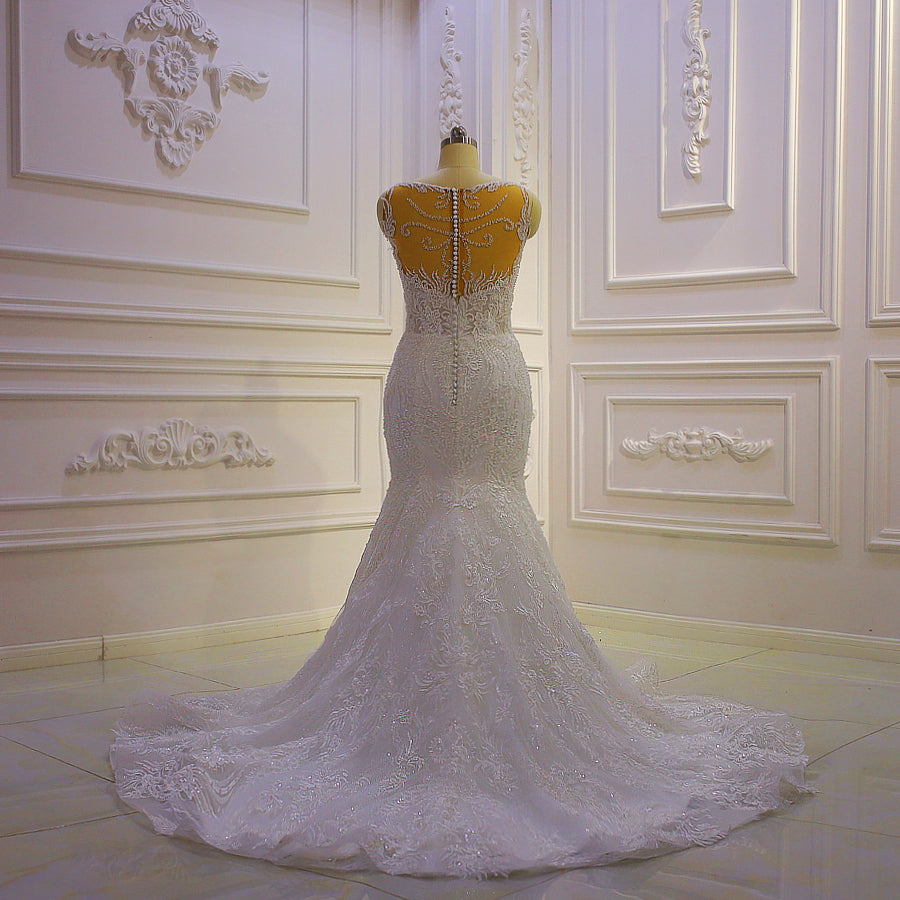 Elegant Mermaid Wedding Dress with Spaghetti Straps & Lace Applique - Sheer Bridal Gown for Beach, Church, and Formal Weddings