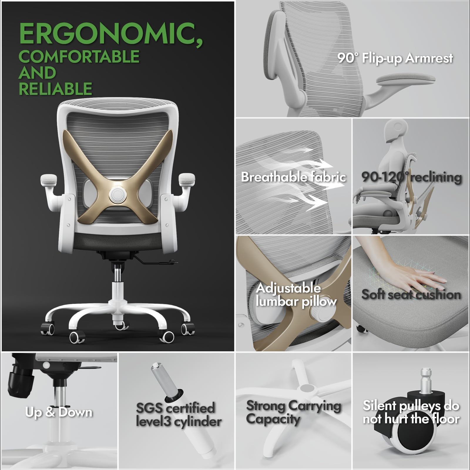 Ergonomic Office Chair with Adjustable Lumbar Support - Home Computer Desk Chair for Work, Gaming & Study - Comfortable Supportive Task Chair for Adults (Grey Gold) - Perfect for Home Office, Remote Work & Long Hours Sitting