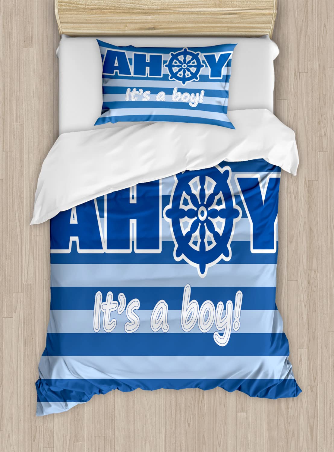 Ambesonne Gender Reveal Party Duvet Cover Set - Modern Striped Marine Wheel Design - 2 Pack King Size Bedding Set with 2 Duvet Covers & 4 Pillowcases - Pale Blue & White - Perfect for Baby Shower, Nursery Decor and Special Announcement Events