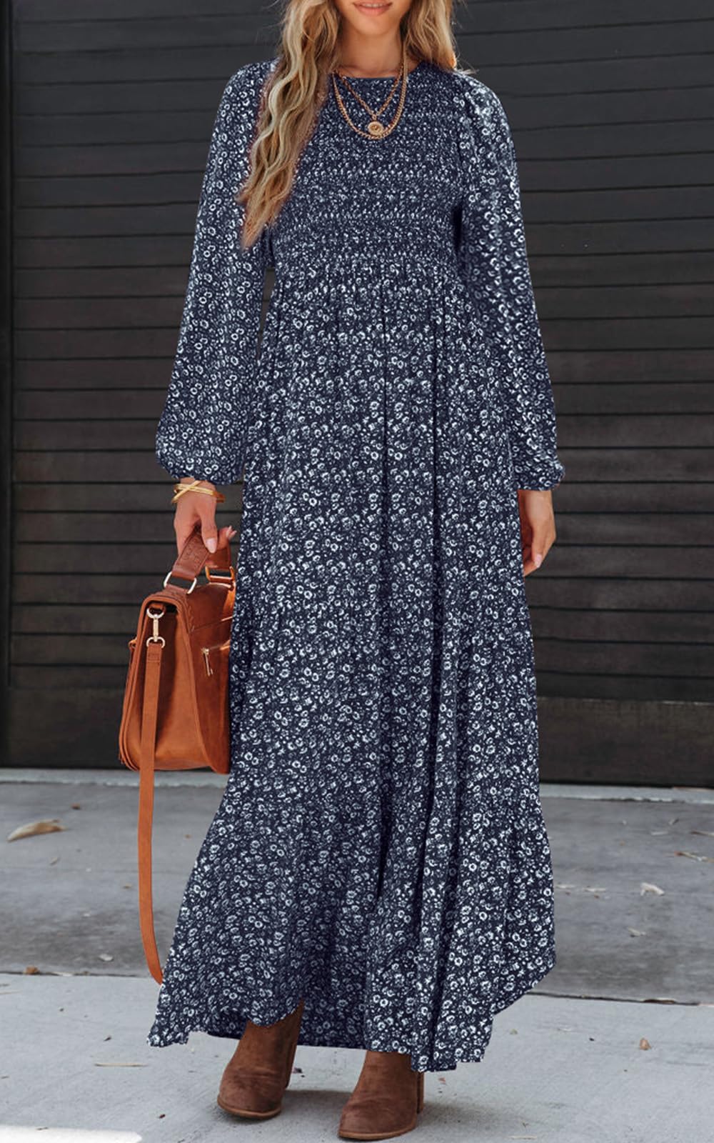 PRETTYGARDEN Women's Floral Maxi Dress Long Sleeve Smocked Tiered Summer Dress - Elegant Flowy Casual Midi Dress for Spring/Summer, Perfect for Beach Vacation, Date Night & Outdoor Parties