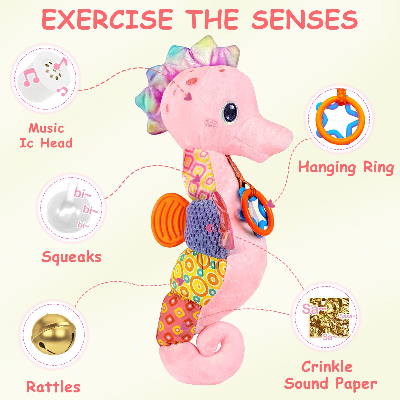 Fuzqq Soft Musical Baby Toys 0-12M - Crinkle & Rattle Stuffed Animal for Newborns (Pink) | Nursery Playtime Gift