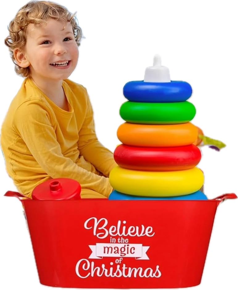 2-Pack Red Christmas Oval Plastic Buckets with Handles - Holiday Storage Baskets for Decor, Party Beverages, Candies & Toys - Perfect for Christmas Decorations, Kitchen Organization & Gift Giving (Merry Christmas Theme)