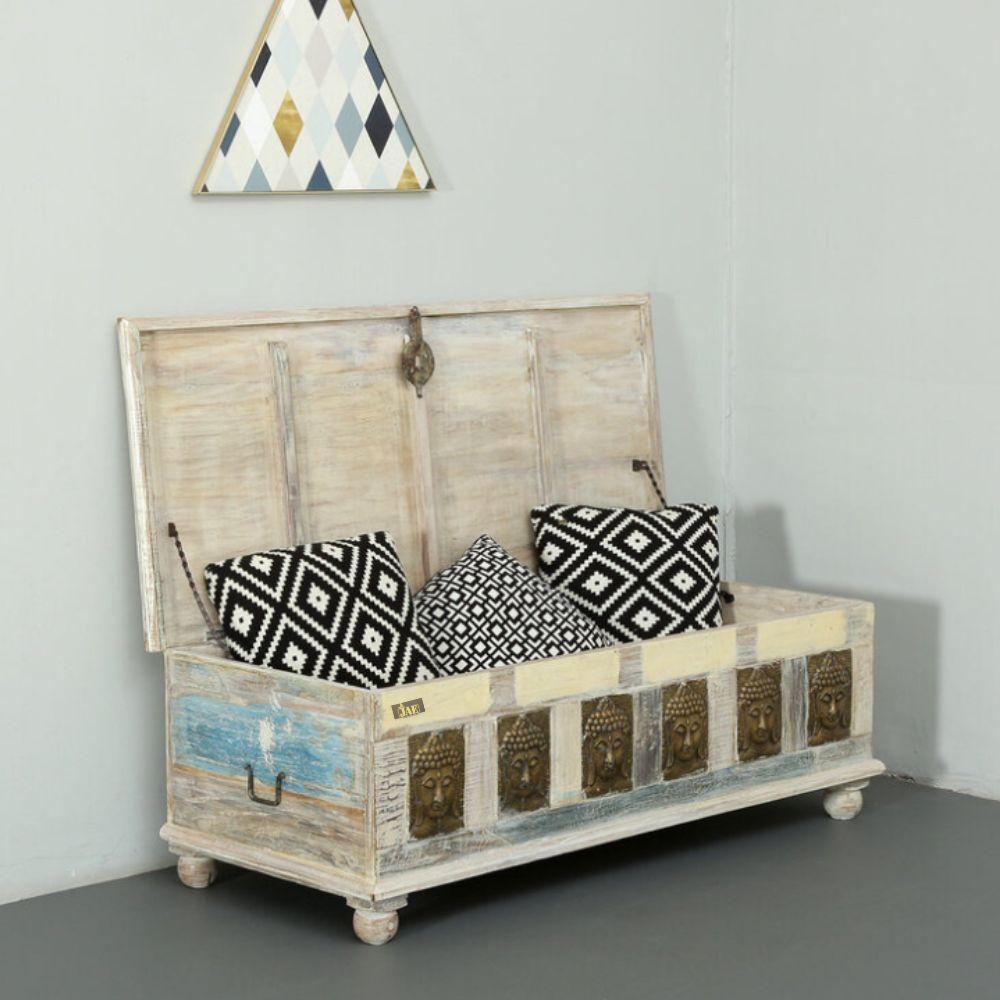 Handmade Embossed Mango Wood Coffee Table - Antique White Reclaimed Wood Trunk for Living Room, Farmhouse & Rustic Home Decor