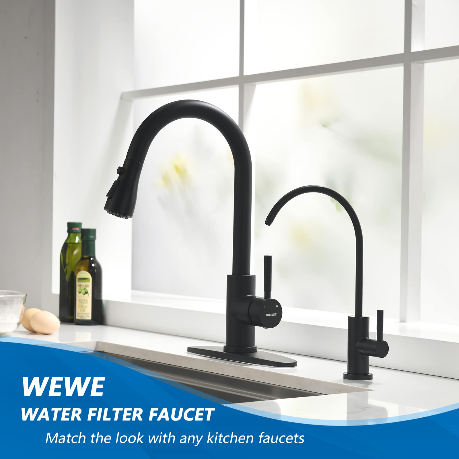 WEWE Commercial Black Stainless Steel Single Handle Kitchen Faucet with Pull Down Sprayer and RO Faucet - Ideal for Restaurant, Home, and Office Kitchen Sinks