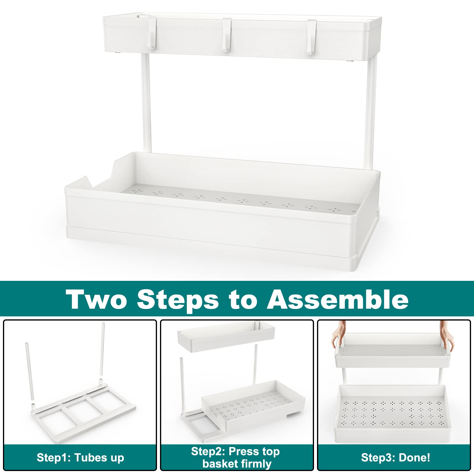 2-Tier Under Sink Organizer Set - 2 Pack Sliding L-Shaped Cabinet Storage for Kitchen & Bathroom - Space Saving Drawer Organizer for Narrow Spaces (White) - Perfect for Small Apartments & Cluttered Cabinets