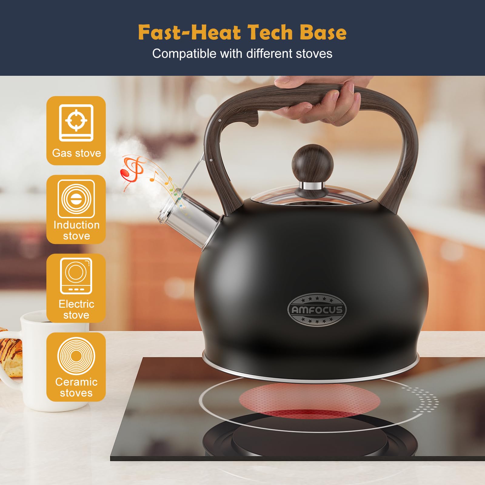 Premium 2.64 Quart Stainless Steel Whistling Tea Kettle - Food Grade Stovetop Teapot with Ergonomic Handle & Loud Whistle - Perfect for Tea, Coffee, Milk - Ideal for Home, Camping & Outdoor Use - Black