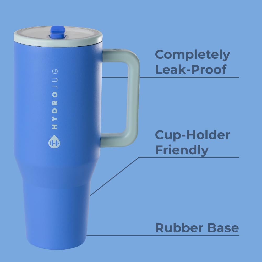HydroJug Traveler - 40 oz Insulated Stainless Steel Water Bottle with Handle & Flip Straw - Leak Proof Tumbler with Rubber Base Fits in Car Cup Holder - Perfect Gift for Women & Men - Ideal for Gym, Hiking, Office & Travel - Riptide