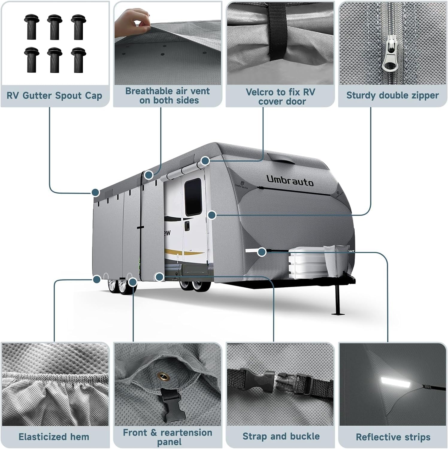 Umbrauto RV Cover 27-30ft - 7 Layer Waterproof Travel Trailer & Toy Hauler Cover with Tongue Jack Protection | Heavy-Duty Windproof Ropes & Gutter Covers | Perfect for Outdoor Storage & Winter Protection