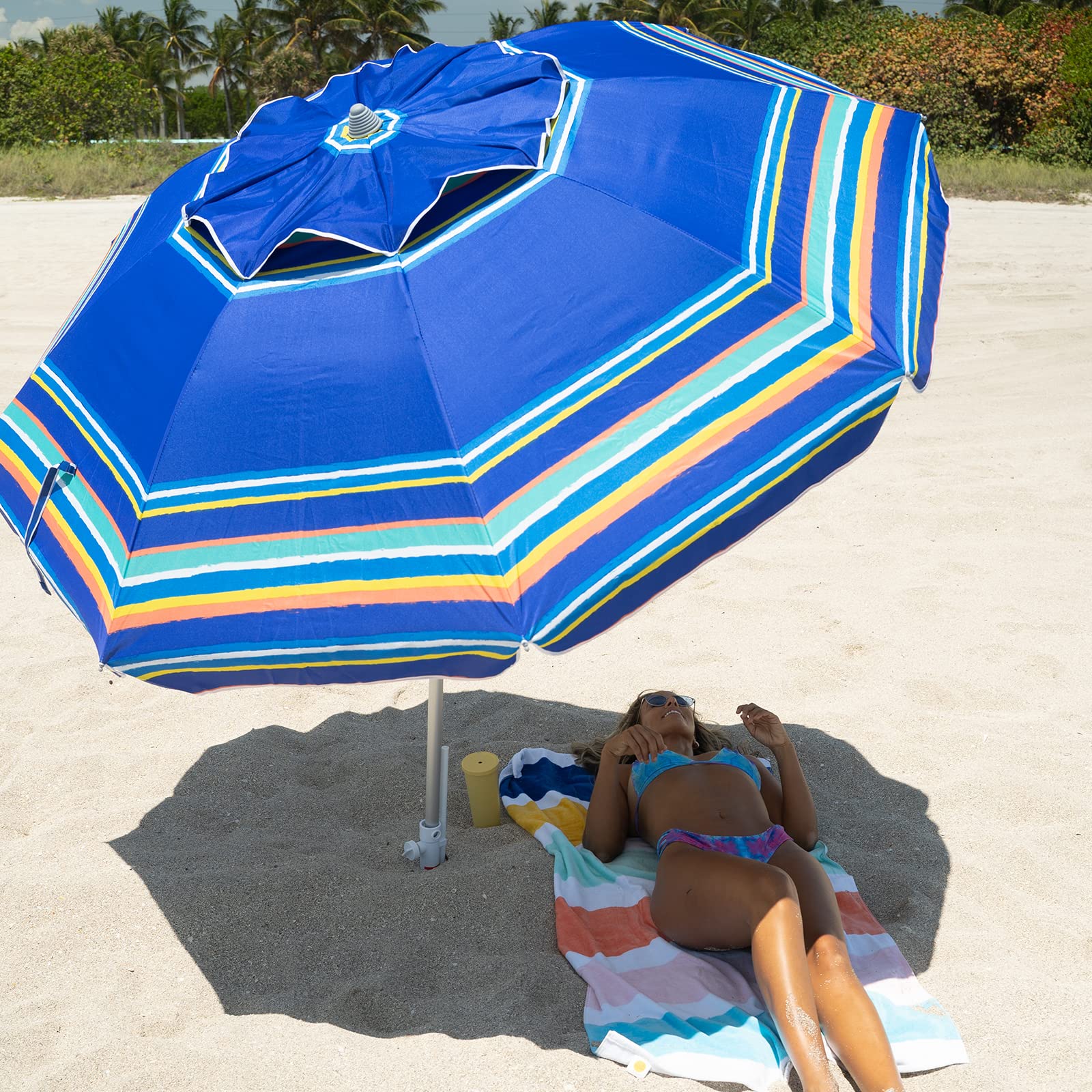 AMMSUN 7ft Heavy Duty Windproof Beach Umbrella with Sand Anchor & Tilt Function, UV 50+ Sun Protection - Portable Outdoor Sunshade for Patio, Garden, Pool, Backyard (Stripe Blue) - Perfect for Beach Trips, Picnics, and Outdoor Relaxation