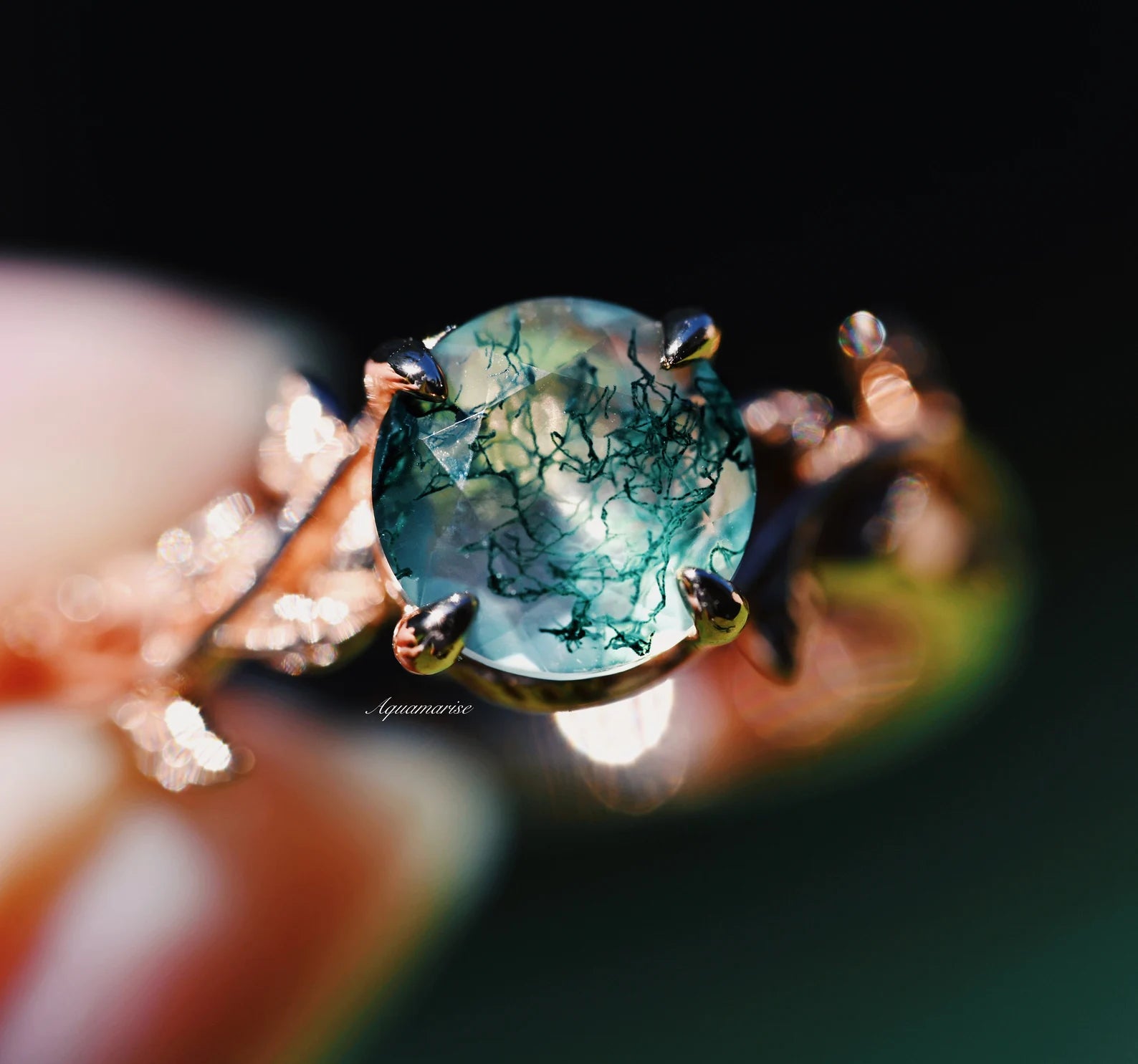 Natural Moss Agate Leaf Ring - 14K Rose Gold Vermeil Jewelry for Women | Elegant Nature-Inspired Gift for Her | Perfect for Weddings, Anniversaries & Everyday Wear