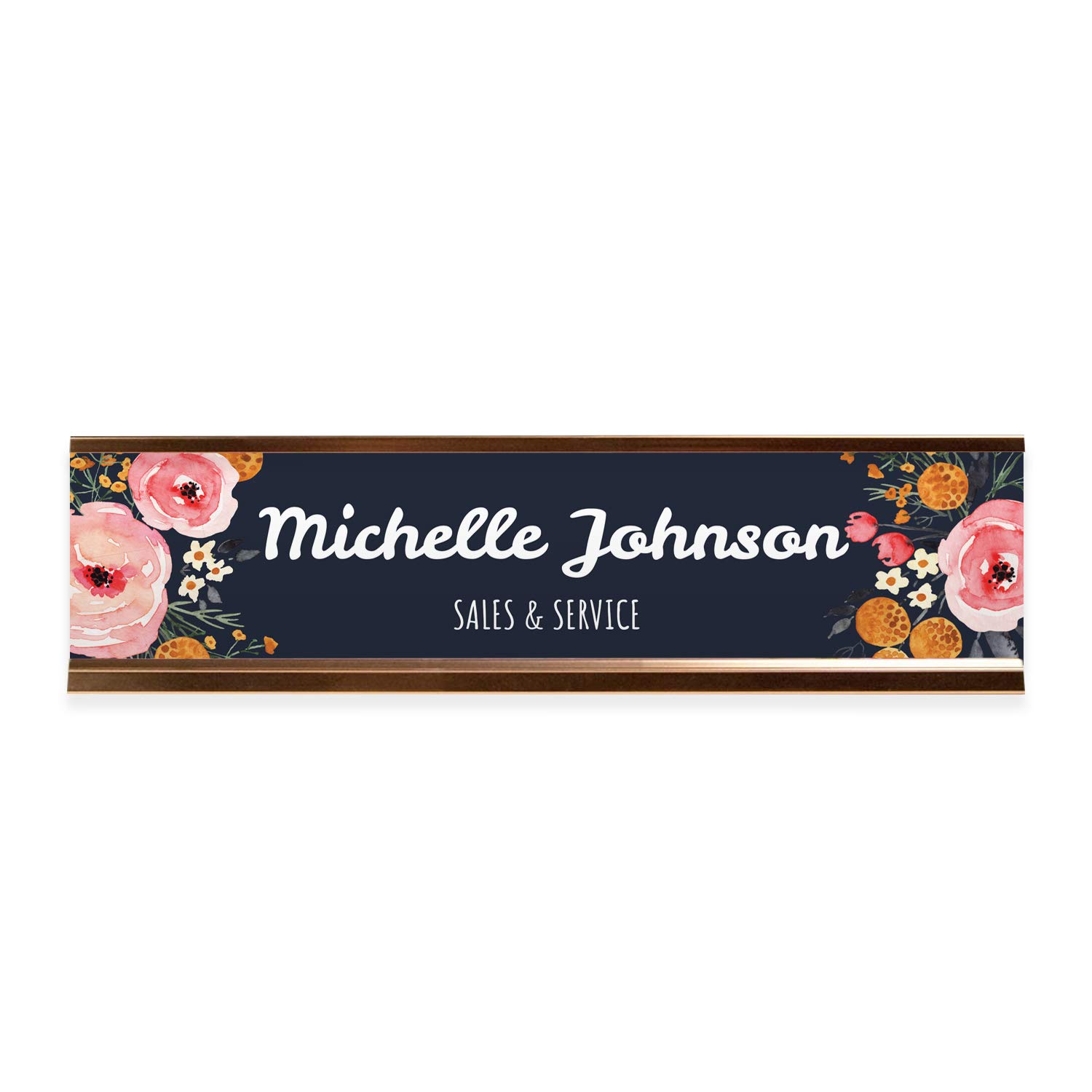 Custom Floral Name Plate with Rose Gold Metal Holder - Personalized 8
