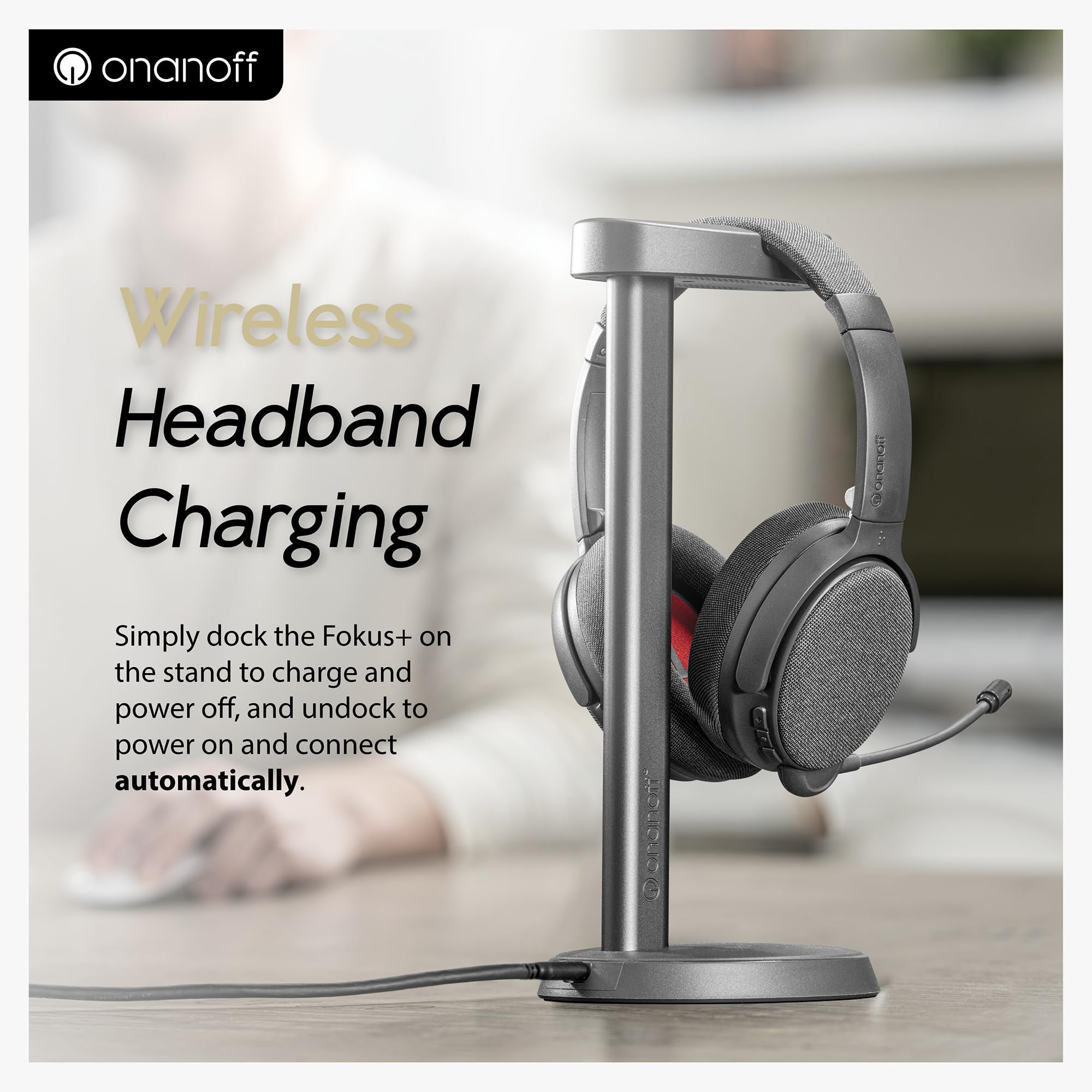 ONANOFF Fokus+ Hybrid ANC Noise Cancelling Bluetooth Headphones - 50H Playtime, Wireless Charging Stand, Detachable Boom Mic - Perfect for Home Office, Work & Travel (Midnight Blue) | Premium Sound for Conference Calls, Music & Entertainment
