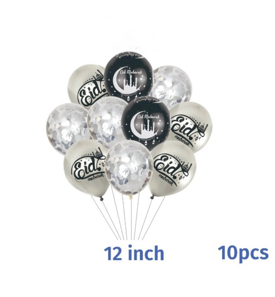 12-Pack Silver Eid Mubarak Balloons for Muslim Holiday Decorations - Perfect for Eid al-Fitr & Eid al-Adha Celebrations, Parties, and Home Decor
