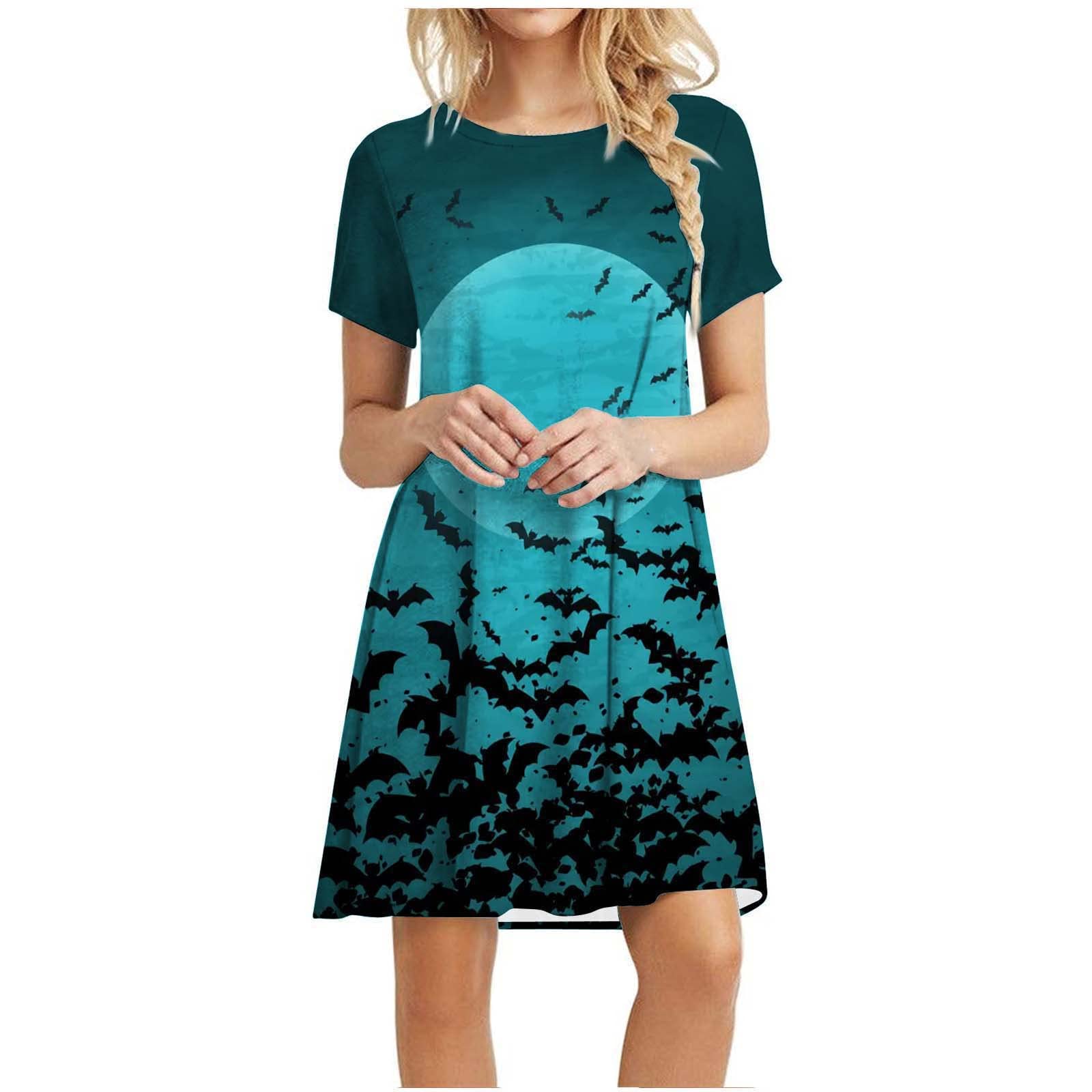 2022 Women's Halloween Bat Print Mini Swing Dress - Casual Round Neck Short Sleeve Tunic for Costume Parties & Spooky Celebrations