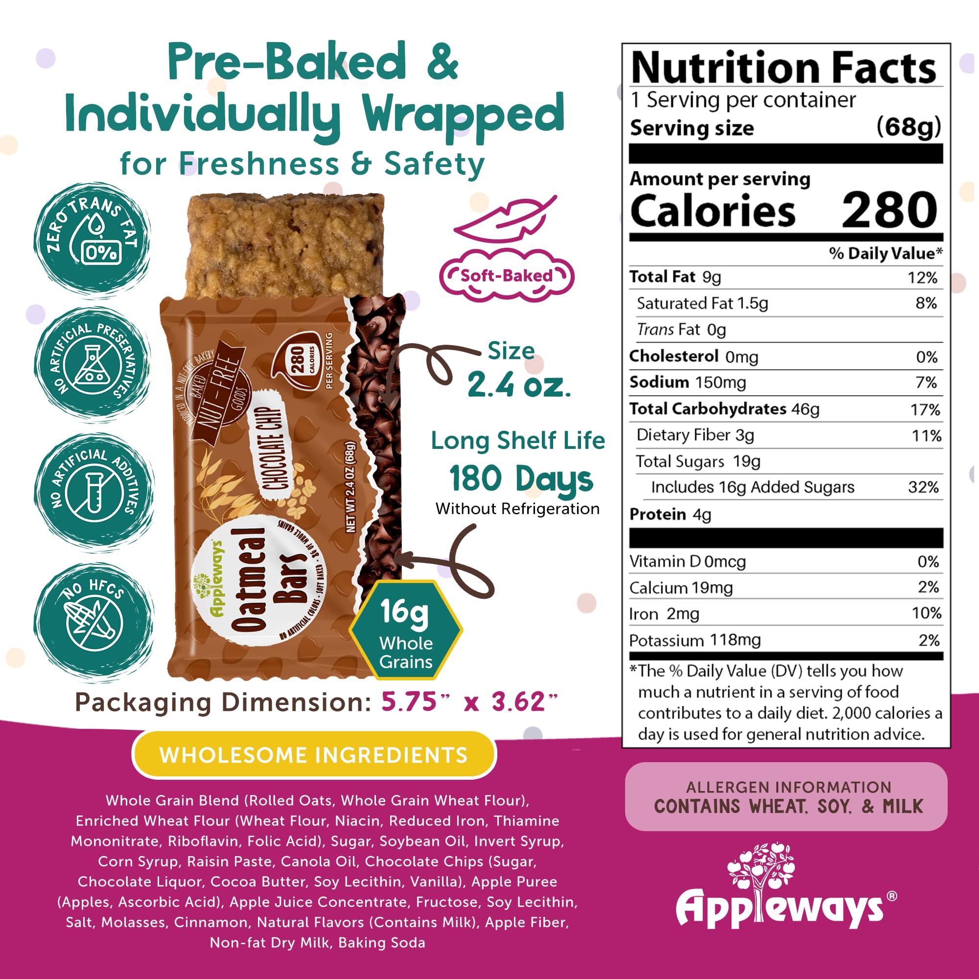 Individually Wrapped Chocolate Oatmeal Bars - 160 Count (24 lbs) - USA Made Oatmeal Chocolate Chip Snacks - 2.4 Oz Each - Perfect for School Lunches, Office Snacks & On-the-Go Energy