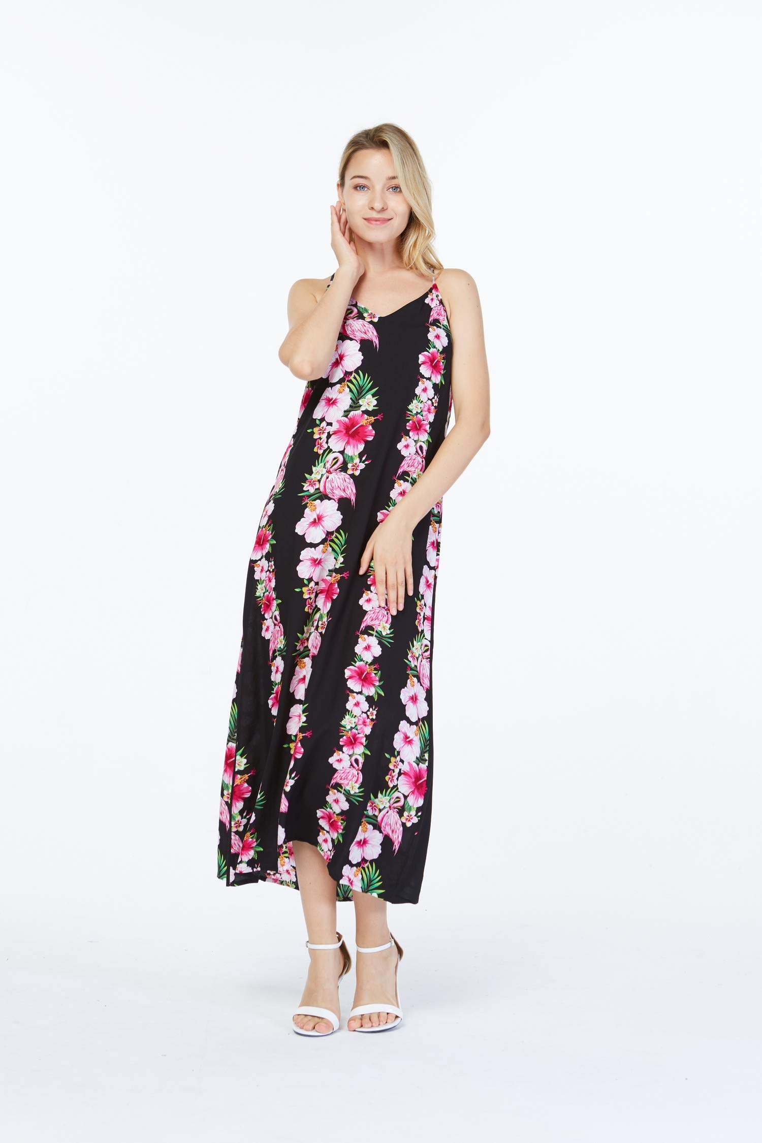 Women's Hawaiian Luau Pink Hibiscus Vine Maxi Sweetheart Dress - Floral Summer Beach Party Dress for Vacation, Wedding & Tropical Events