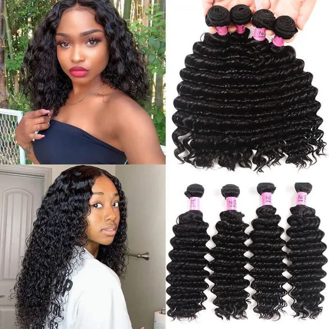 UNice 10A Brazilian Deep Wave Human Hair Bundles - 3 Pcs Unprocessed Virgin Raw Hair Extensions in Natural Color (16 18 20 Inch) | Perfect for Weaving, Ponytails & Special Occasion Hairstyles