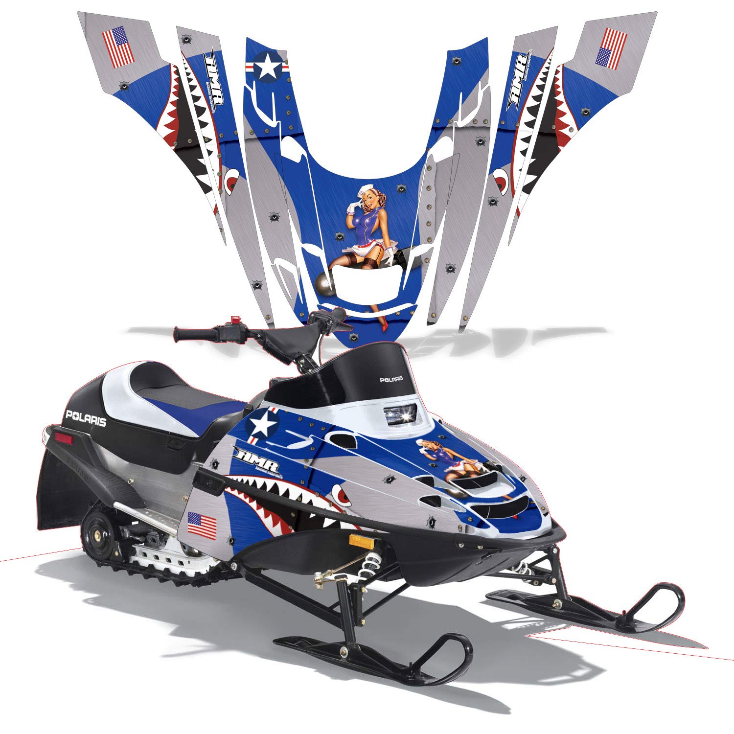 AMR Racing Snowmobile Full Graphics Kit Sticker Decal for Polaris XC 120 (2000-2020) - P-40 Warhawk Blue Design | High-Quality Vinyl Decals for Trail Riding & Winter Sports