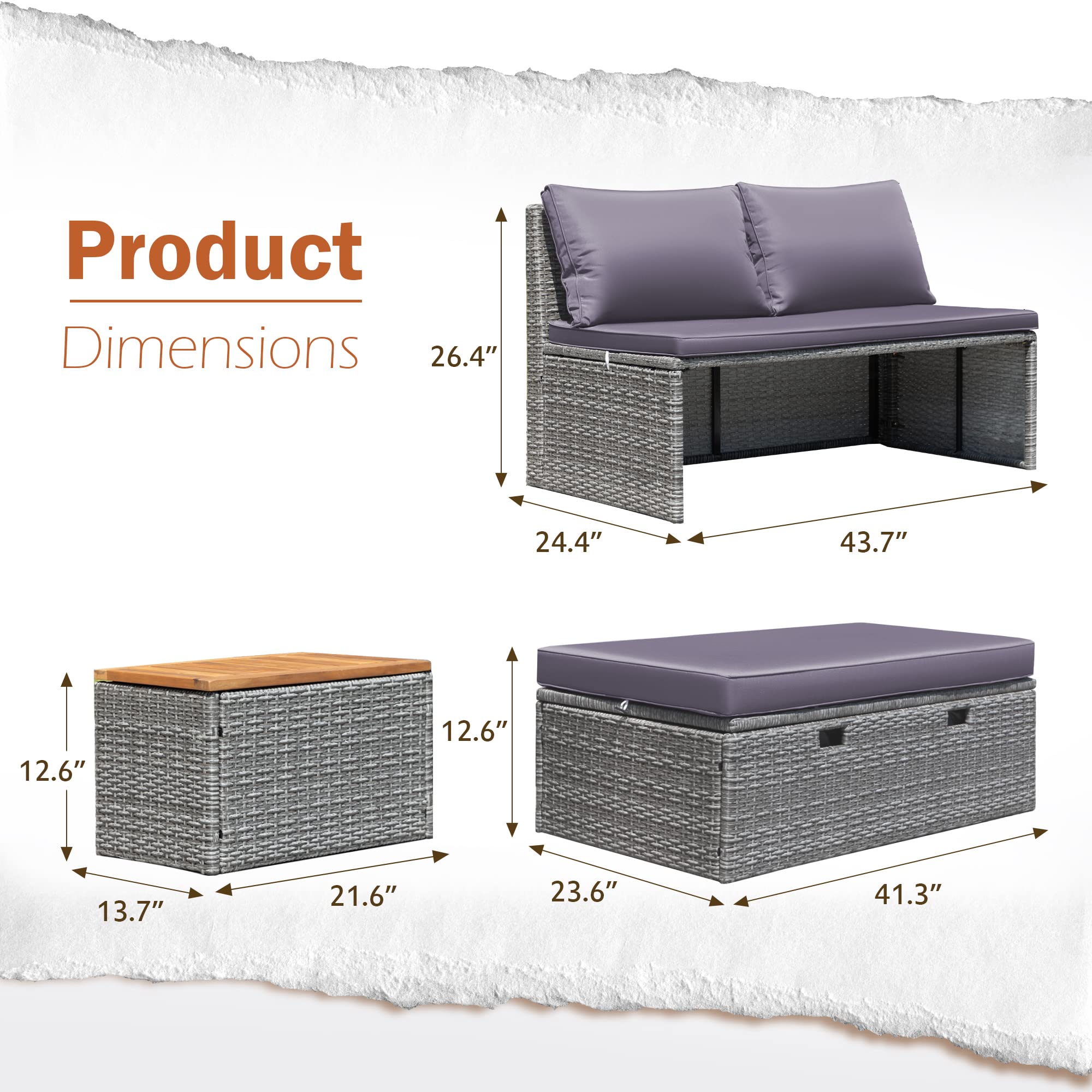 Greesum 7-Piece Outdoor Patio Furniture Set, Multifunctional Wicker Sectional Sofa with Cushions, Chaise Lounge, Storage Ottoman & 2 Side Tables - Perfect for Backyard, Porch, Poolside, Garden & Lawn (Gray)