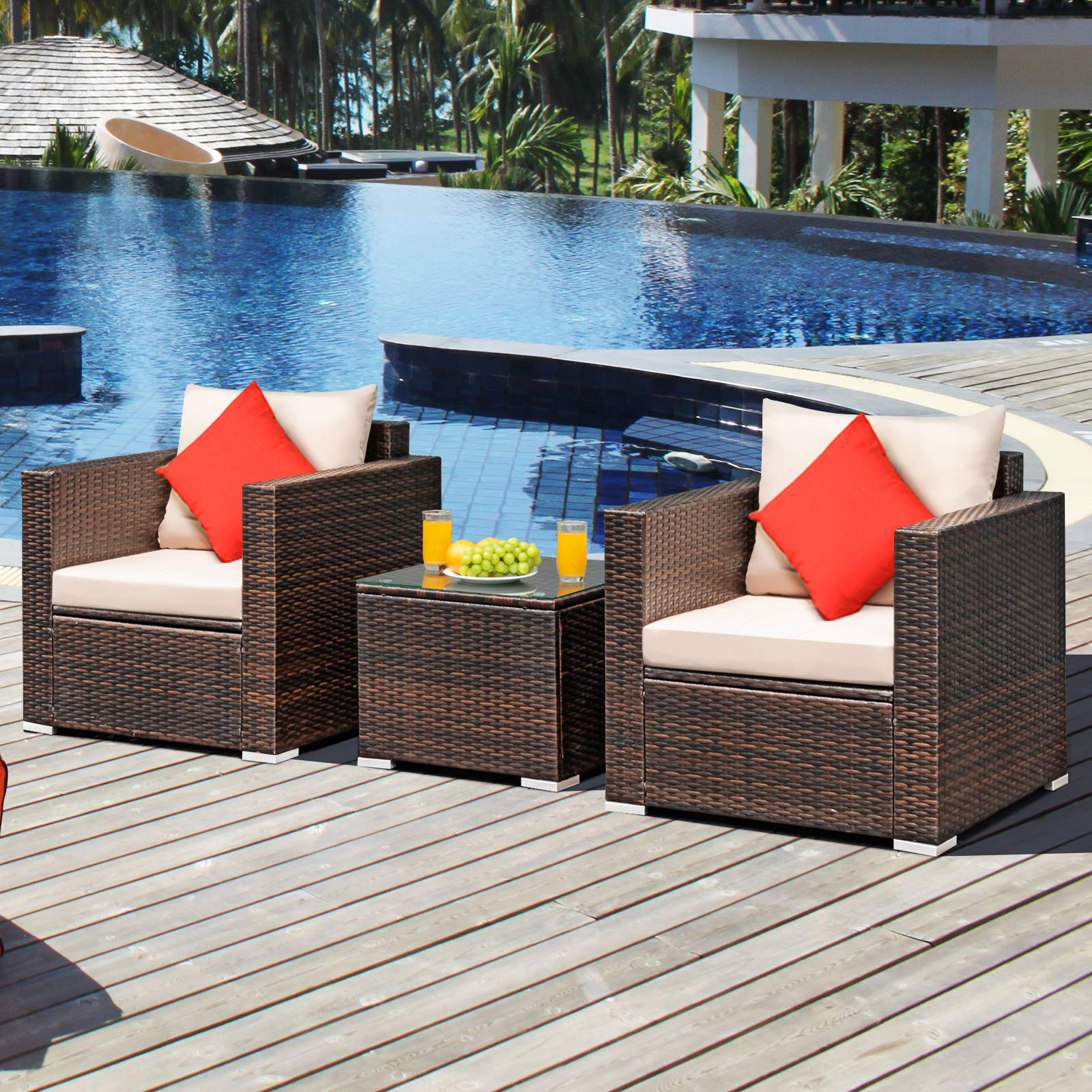 Tangkula 3-Piece Outdoor Patio Furniture Set with Washable Cushions & Tempered Glass Table - PE Wicker Rattan Sofa Set for Garden, Poolside, Balcony - Perfect for Relaxing, Entertaining & Outdoor Dining