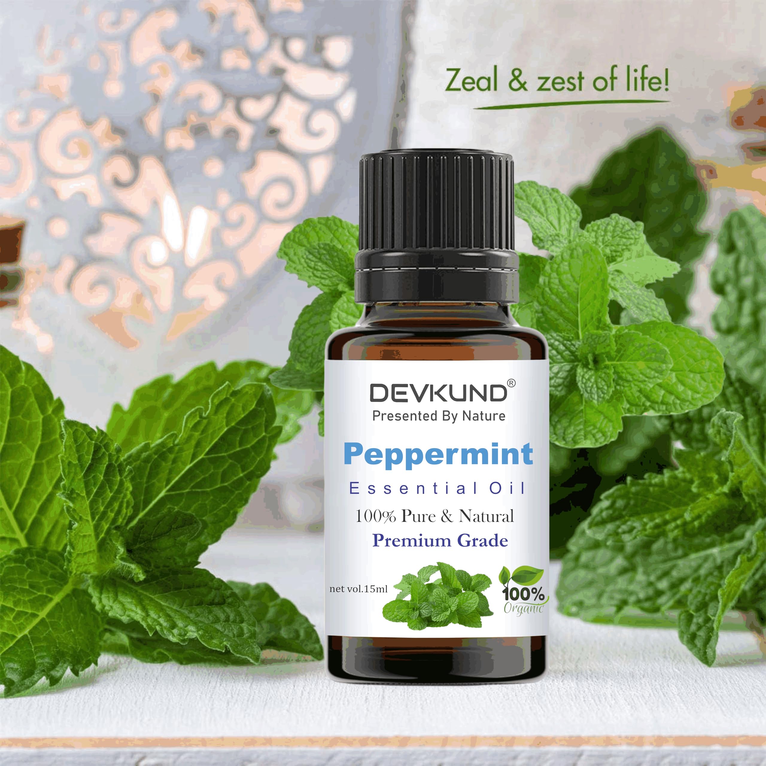**Devkund Peppermint Essential Oil – 100% Pure, Natural & Organic for Skin, Hair & Scalp Care | Cooling & Refreshing Aromatherapy Oil for Face & Body | 15ml | Perfect for Relaxation, Massage & DIY Beauty**