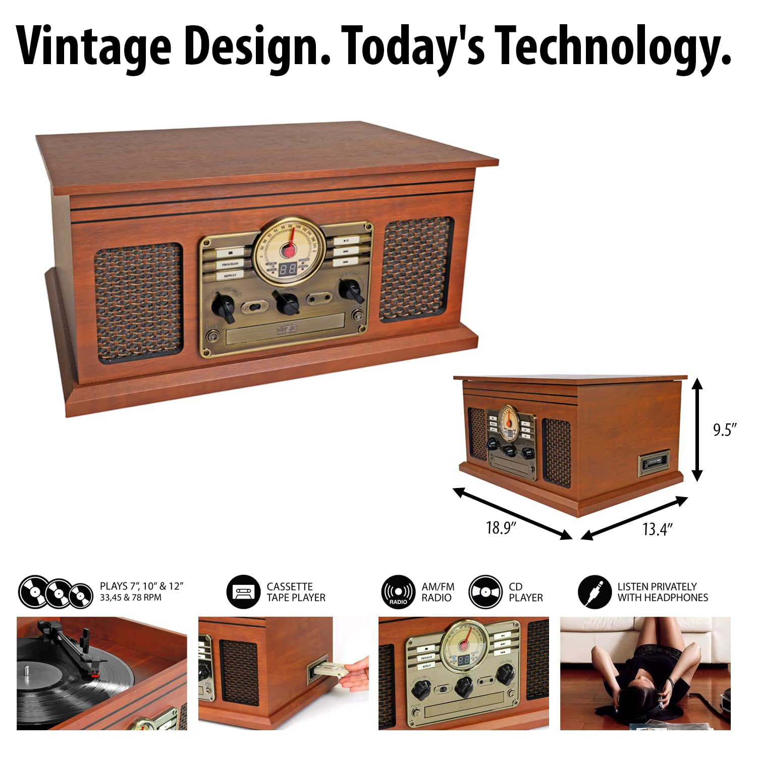 Victrola Nostalgic 7-in-1 Bluetooth Record Player with Built-in Speakers | 3-Speed Turntable, CD & Cassette Player, AM/FM Radio | Wireless Music Streaming | Mahogany Finish | Perfect for Home Entertainment, Vinyl Collection & Retro Music Lovers