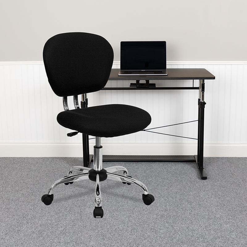 FLASH Beverly Mid Back Black Mesh Office Chair with Padded Seat, Swivel & Adjustable Height, Chrome Base & Arms - Ergonomic Desk Chair for Home & Office Workspace