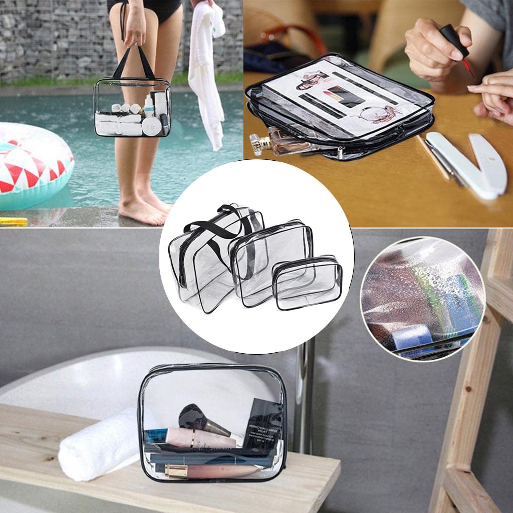 3 Pack Waterproof Clear Makeup Bags - Travel Cosmetic Organizer Pouch for Toiletries, Makeup Brushes & Accessories (Black) | Perfect for Gym, Beach & Everyday Use