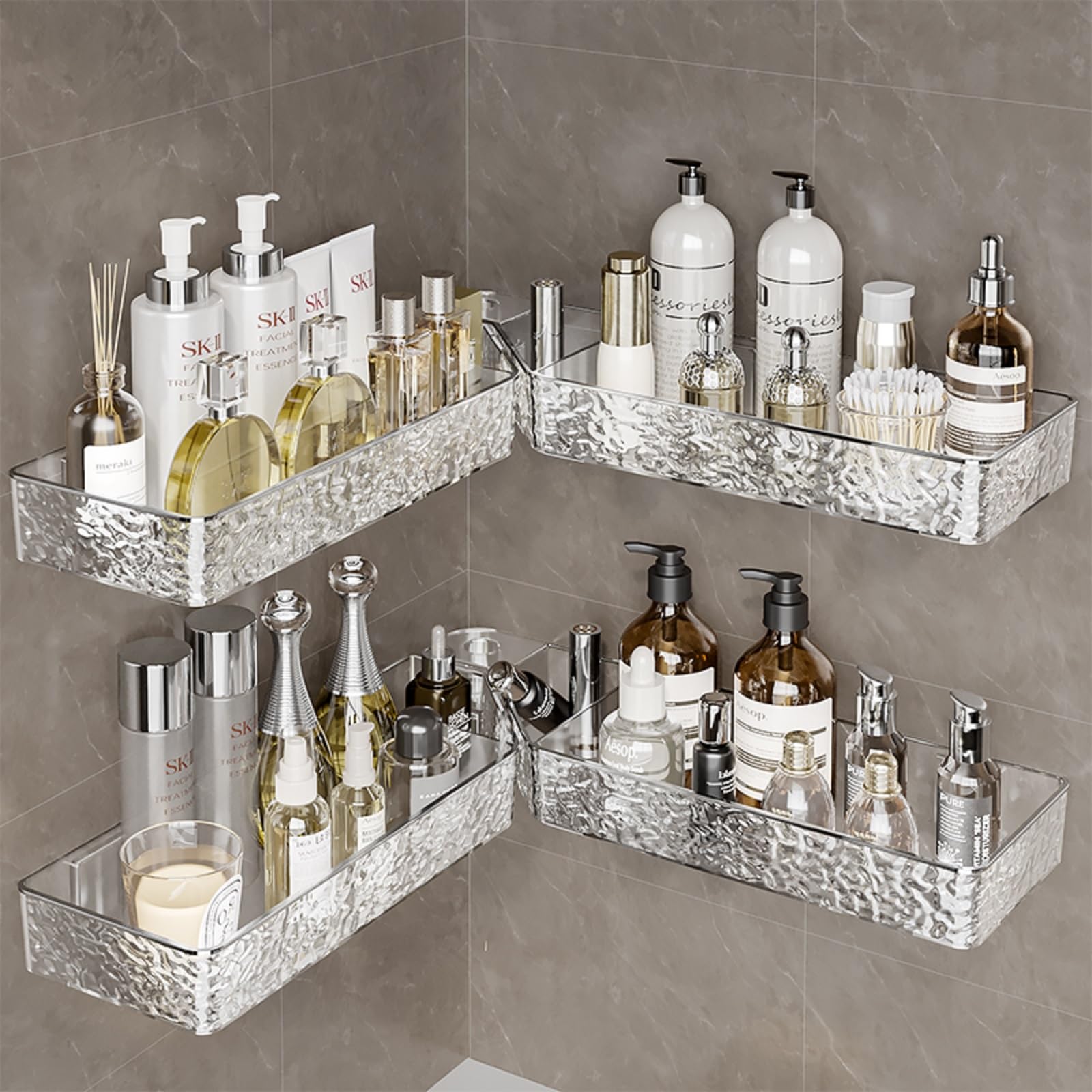 Clear-Glacier Pattern Acrylic Corner Shower Caddy - No Drill Wall Mounted Bathroom Shelf with Strong Adhesive Tape - Waterproof Shower Organizer for Bathroom & Kitchen Storage (Perfect for Small Spaces, Apartments, Dorms)