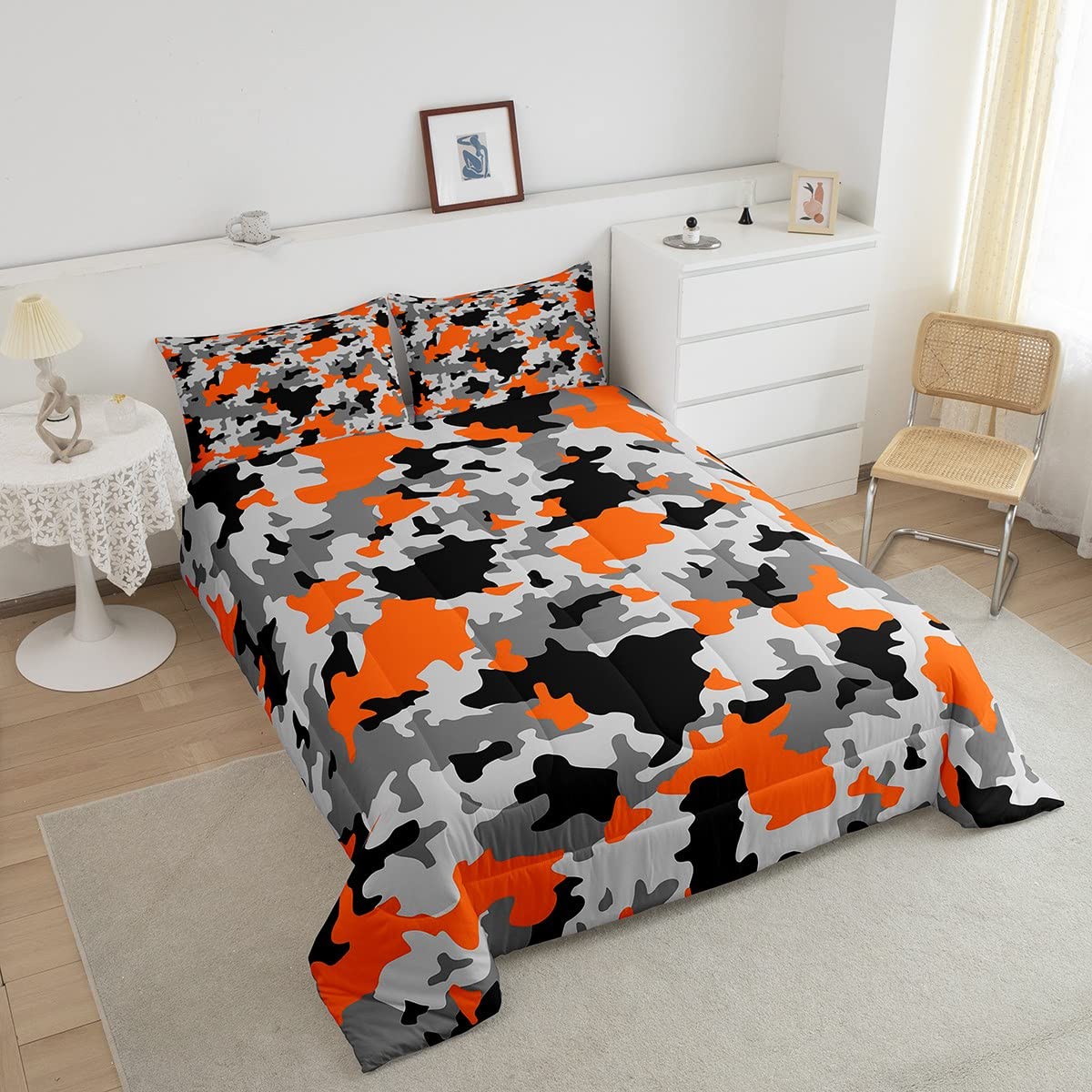 **Army Camouflage Comforter Set 3Pcs Queen Size - Kids Boys Girls Teens Youth Bedding - Orange Grey Black Camo Design - Perfect for Bedroom Decor & Military Theme Rooms**