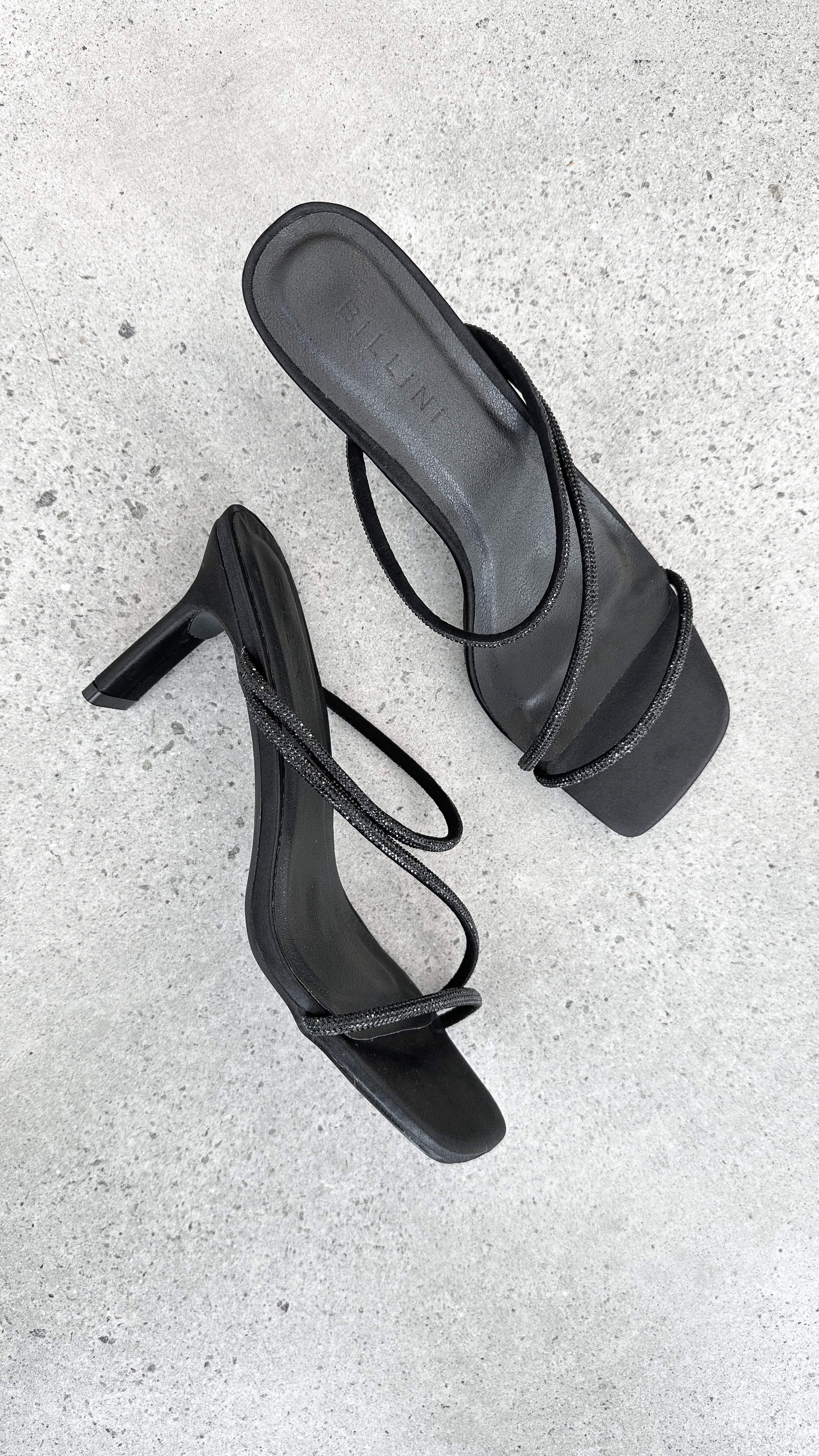 Black Satin Femi Heel with Diamante Accents - Elegant High Heels for Women, Perfect for Parties, Weddings & Evening Events