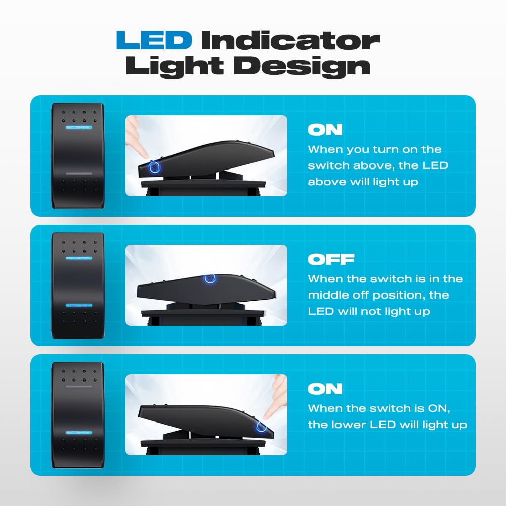 3 Position Rocker Switch, ON/Off/ON 12V 20A 24V10A Waterproof DPDT 7Pin Blue LED Light Switch with Jumper Wire for Cars, Trucks, RV, Boat, ATV, UTV - Perfect for Marine, Off-Road & Automotive Electrical Systems