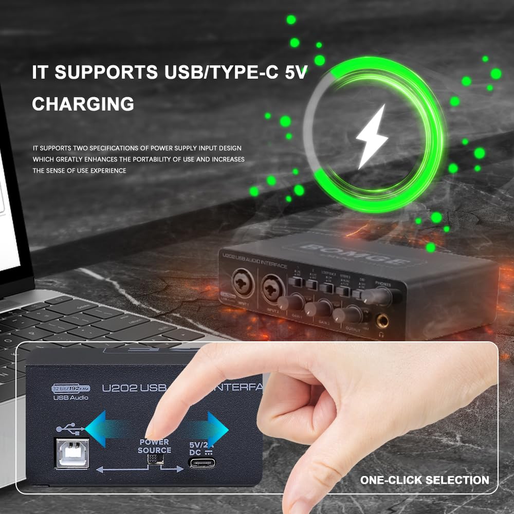 BOMGE U202 USB Audio Interface with Mic Preamplifier - XLR/TSR/TS Inputs, 48V Phantom Power, 32-Bit/192kHz High Resolution for Computer Recording, Live Streaming & Podcasting - Perfect for Home Studio, Voiceovers & Music Production