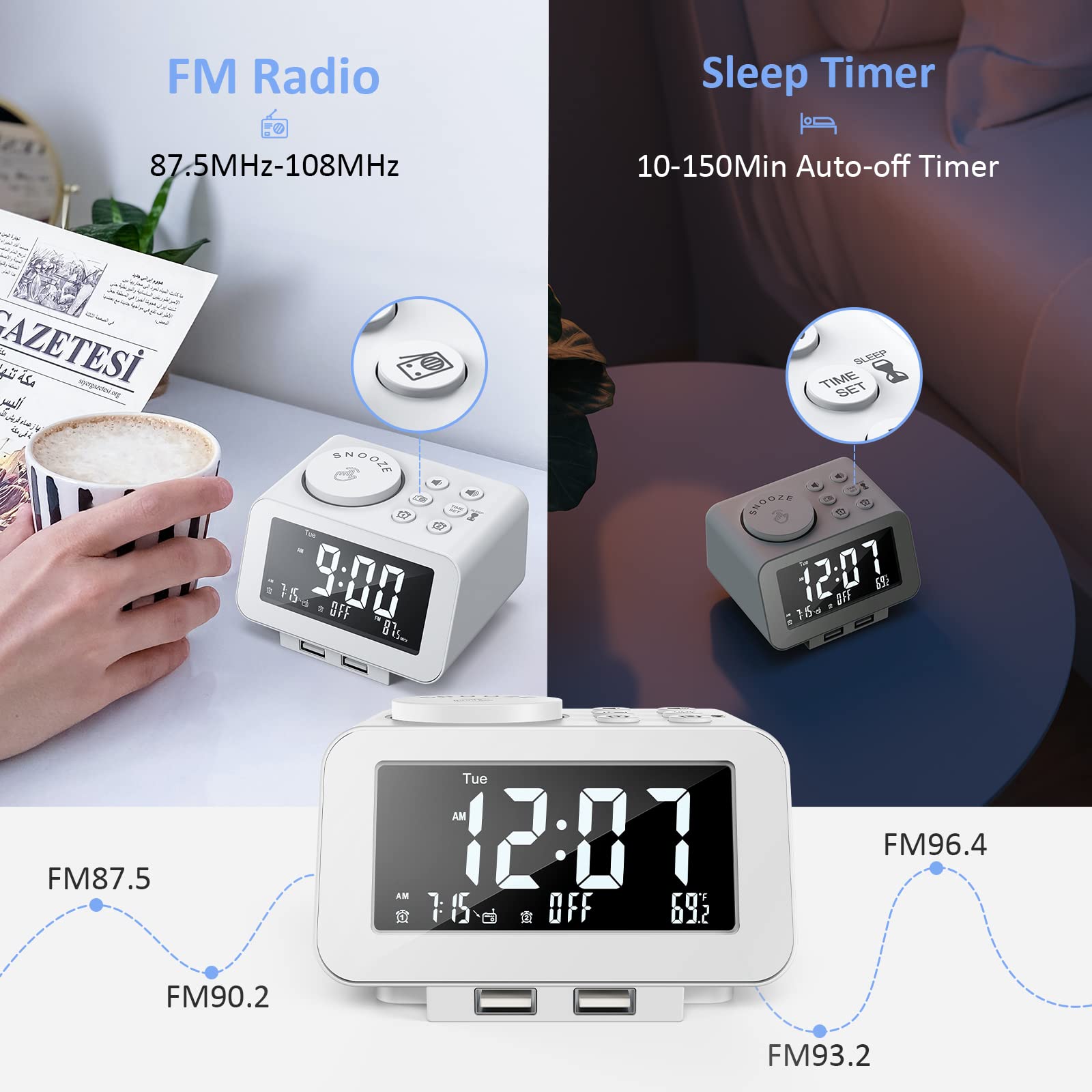 USCCE Digital Alarm Clock Radio with Dimmer - Dual Alarm, FM Radio, USB Charging, Thermometer | Adjustable Volume & 6 Alarm Sounds | Weekday/Weekend Mode, Battery Backup (White) - Perfect for Bedroom, Office, Travel & Home Use
