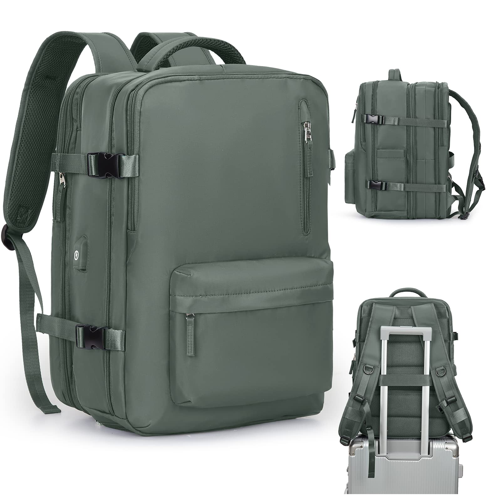 VGCUB Expandable Waterproof Travel Backpack for Women & Men - 17 Inch Laptop Compartment, Carry-On Approved, Business Work Bag, Mochila de Viaje, Green - Perfect for Commuting, Hiking, and Air Travel