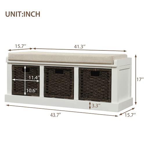 Merax Fully Assembled Storage Bench with 3 Removable Baskets & Cushion - Entryway Shoe Bench for Hallway, Living Room (White) - Perfect for Organizing Shoes, Hats & Home Decor by Entry Doors