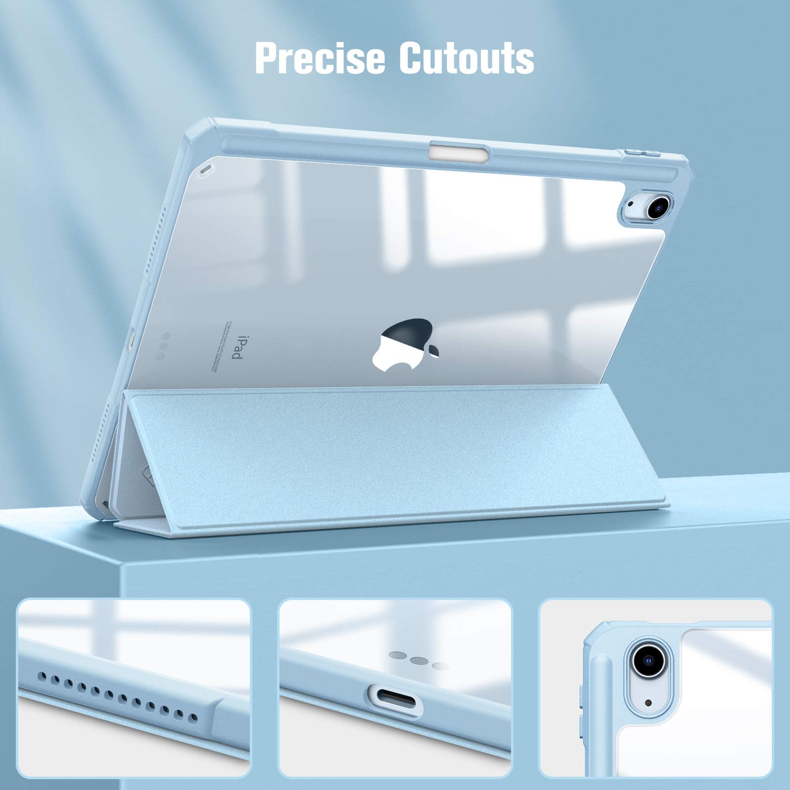 Fintie Hybrid Slim Shockproof Case for iPad Air 11-inch M3 (2025)/M2 (2024) & iPad Air 5th/4th Gen 10.9 Inch - Clear Back Protective Cover with Apple Pencil Holder, Sky Blue | Perfect for Work, School & Travel Protection