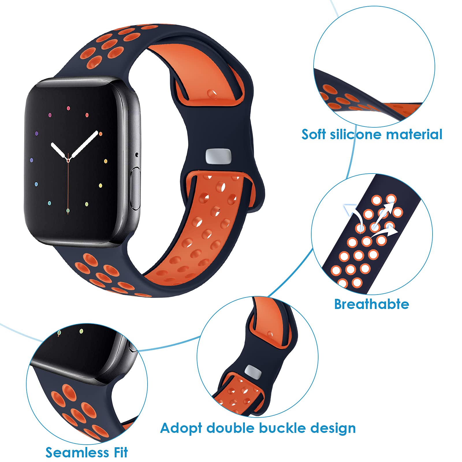 NOY Sport Bands for Apple Watch 42mm 44mm 45mm 46mm 49mm - Soft Breathable Silicone Replacement Strap Compatible with iWatch Series 10/9/8/7/6/5/4/3/2/1/SE/Ultra - Blue & Orange - Perfect for Running, Gym & Everyday Wear