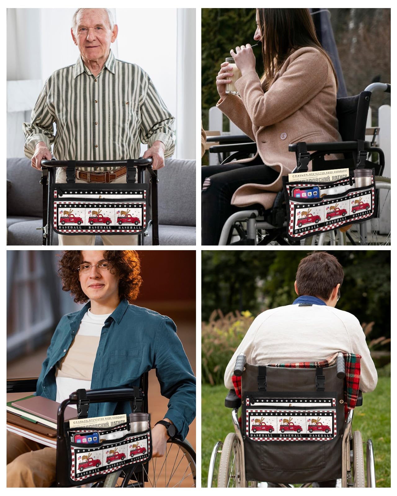 Wheelchair Armrest Bag - Red & White Plaid Organizer with Reflective Stripes for Walker, Rollator & Scooter