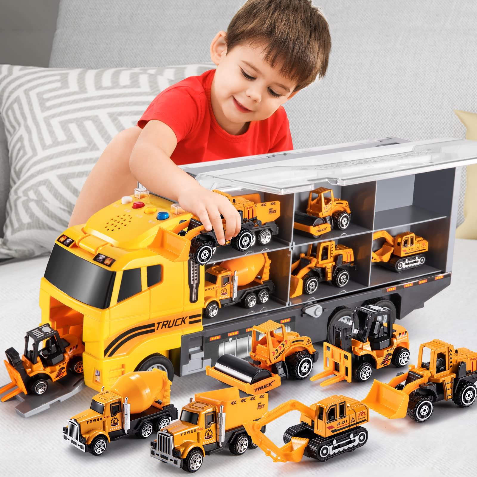 TEMI Die-Cast Construction Toy Car Carrier Set with Play Mat - Alloy Metal Vehicle Toys for Toddlers & Kids Ages 3-9 | Perfect for Pretend Play, Birthday Gifts & Early Learning Development