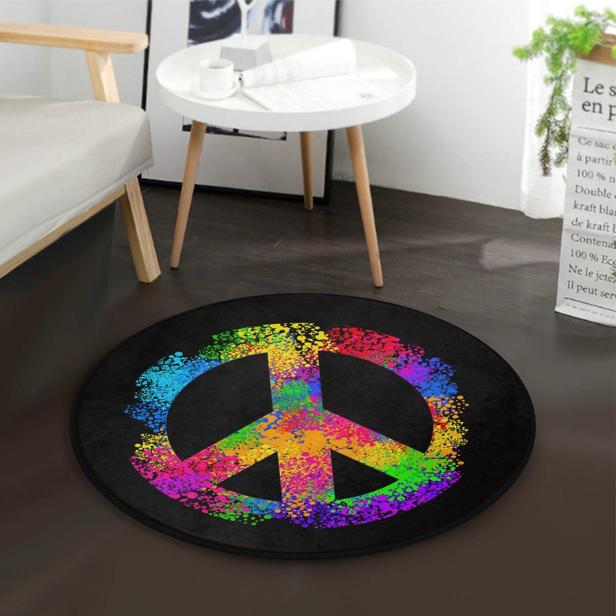 ALAZA Bohemian Peace Sign Watercolor Black Round Area Rug - 3' Diameter (92 cm) for Living Room, Bedroom, Dorm | Hippie Decor, Meditation Space, Yoga Room Accessory