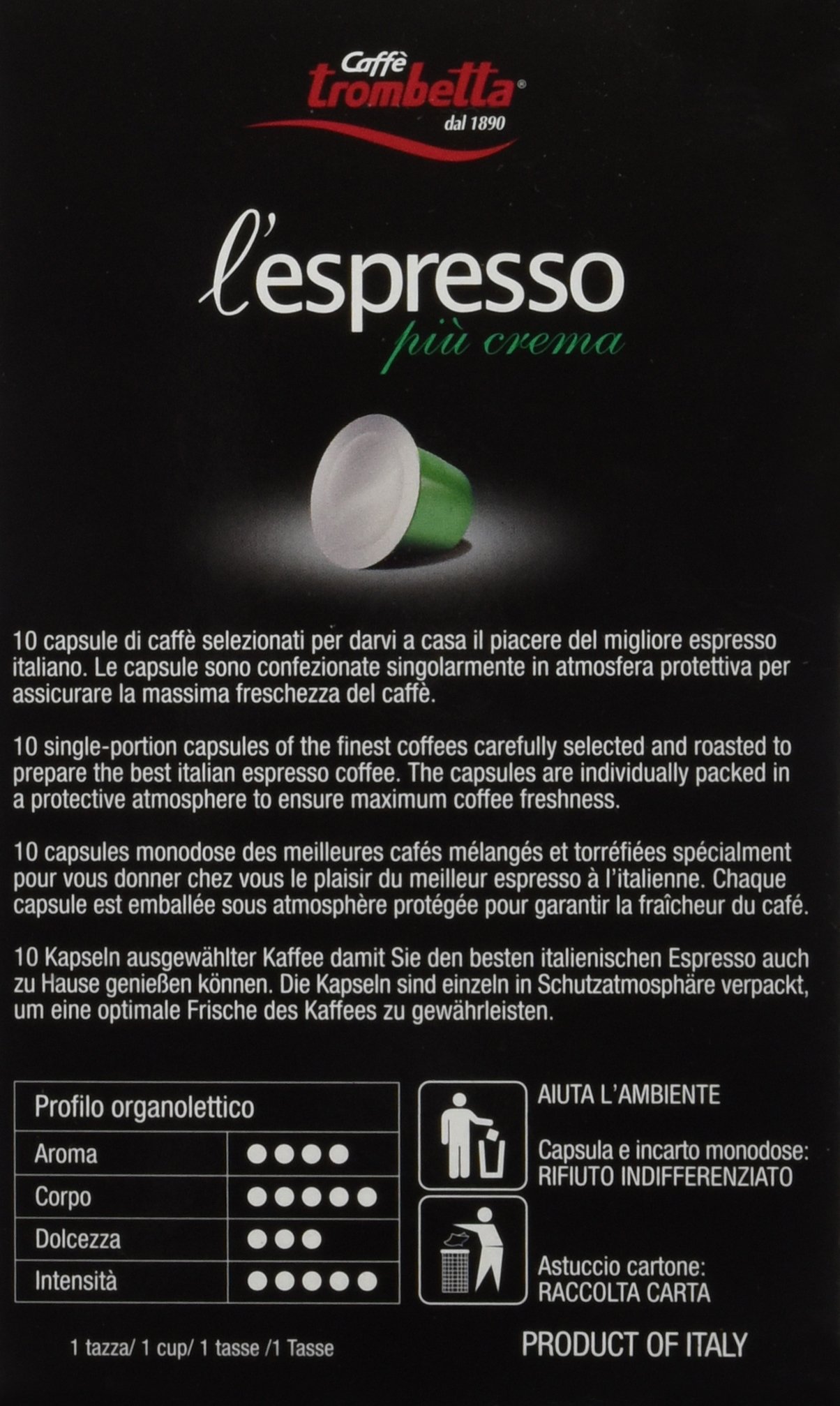 Trombetta 10 Capsules 'Piu Crema' Dark Roast Instant Espresso Coffee Pods - Compatible with Nespresso Machines | Perfect for Home & Office Coffee Breaks