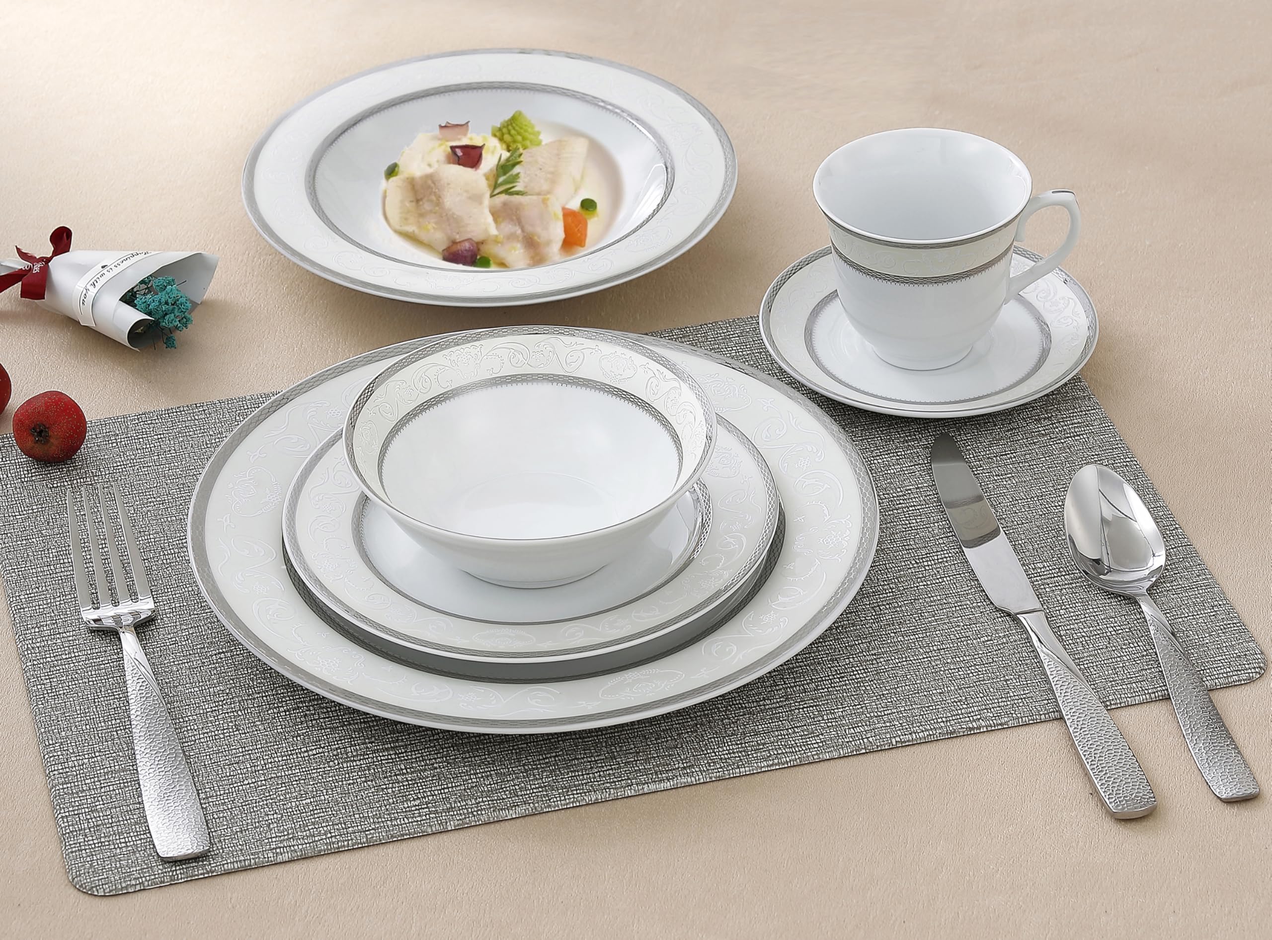 Lorren Home Trends Sirena 16-Piece Silver Dinnerware Set - Elegant Tableware for Formal Dining, Dinner Parties & Special Occasions