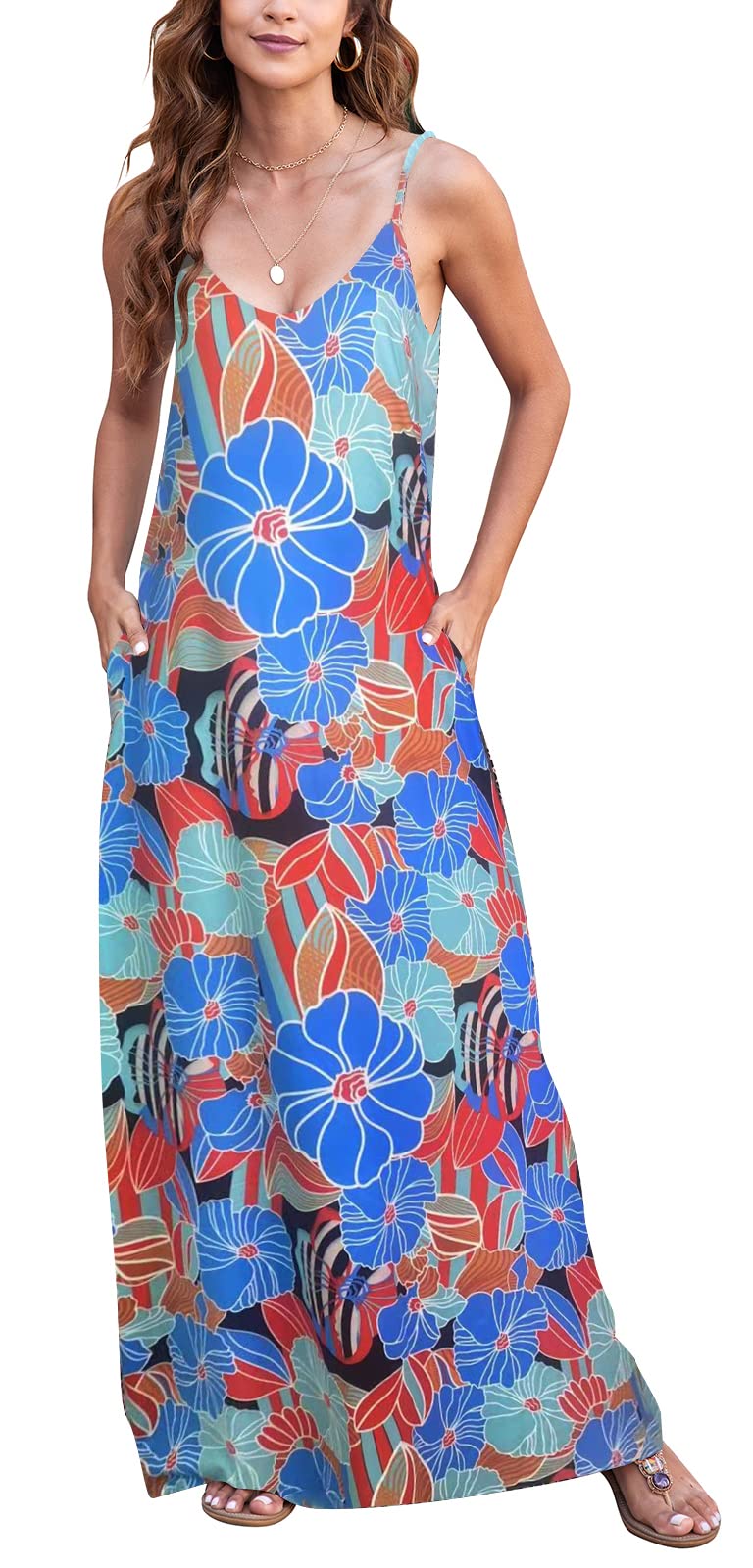 Bohemian Floral Print Women's Maxi Dress - Summer Casual Spaghetti Strap Long Dress with Pockets | Perfect for Beach Vacations, Music Festivals & Date Nights