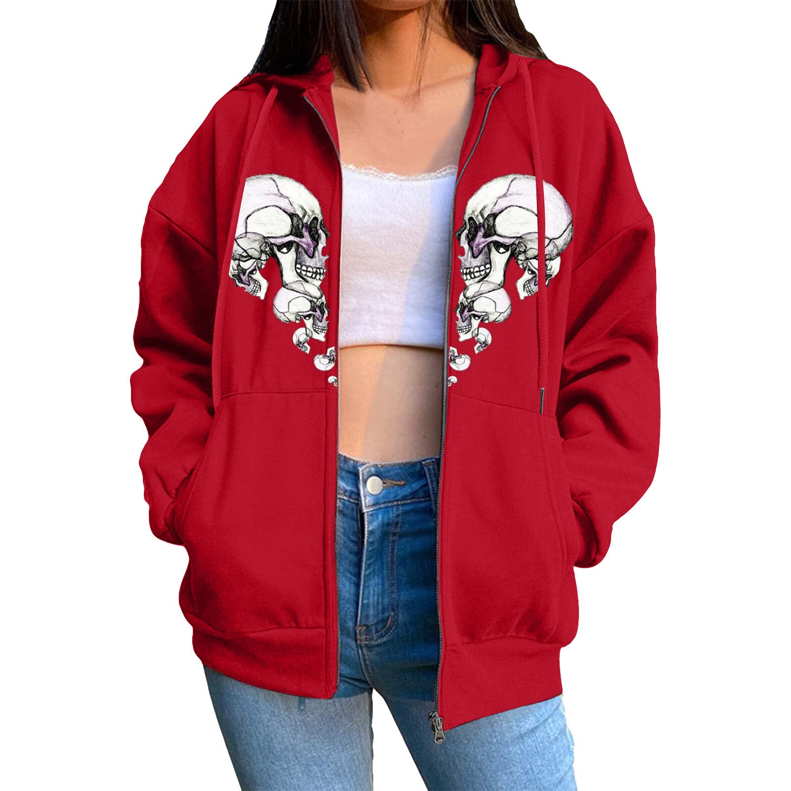 Gothic Print Women's Zip Up Hoodie with Drawstring & Pockets - Red Size L | Trendy Streetwear for Casual Outfits, Fall Fashion & Layering