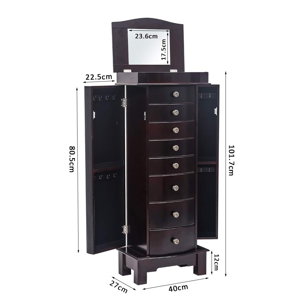 Standing Jewelry Armoire Cabinet with 8 Drawers & 16 Necklace Hooks - Wooden Jewelry Storage Organizer with Full-Length Mirror & Swing Doors - Perfect for Bedroom, Closet or Dressing Room Organization (Black)