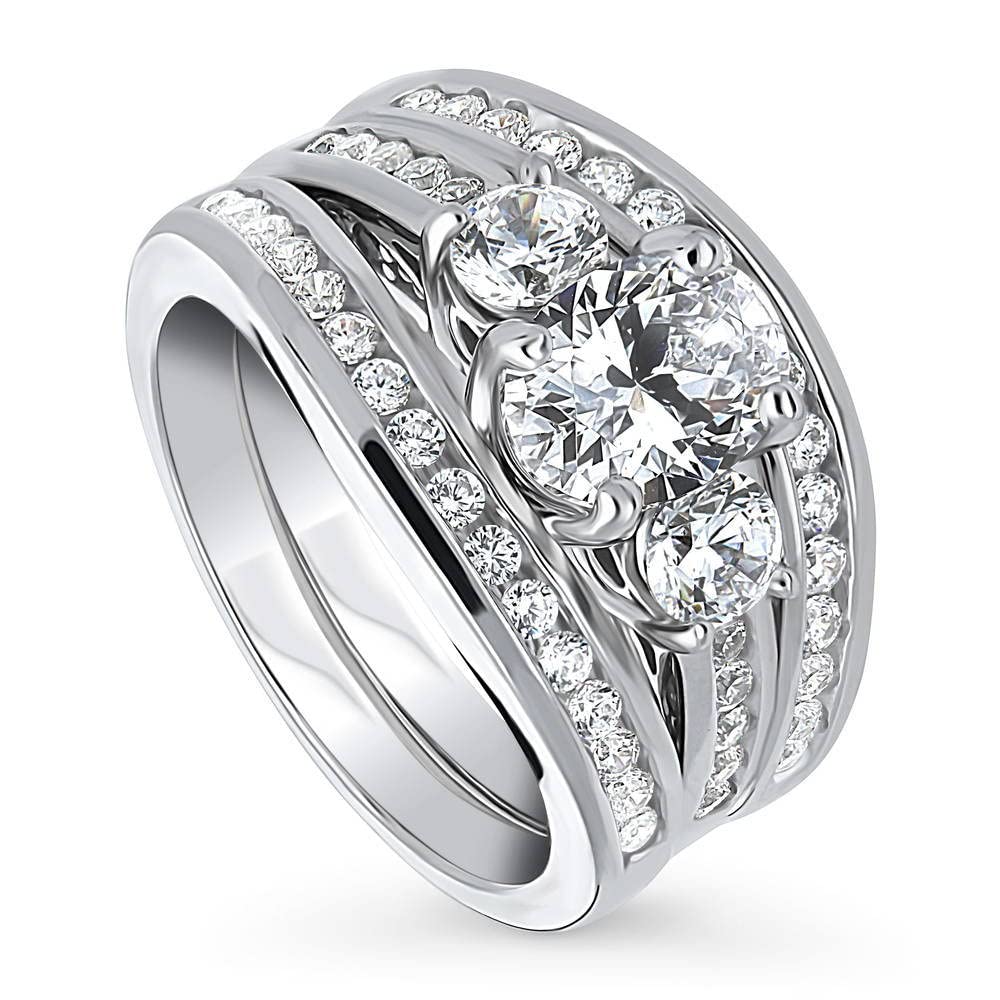 BERRICLE Sterling Silver 3-Stone Oval Cut Cubic Zirconia Engagement Ring Set for Women - 1.2 Carat CZ Wedding Band, Rhodium Plated Size 4-10 - Perfect for Proposals, Anniversaries & Bridal Jewelry