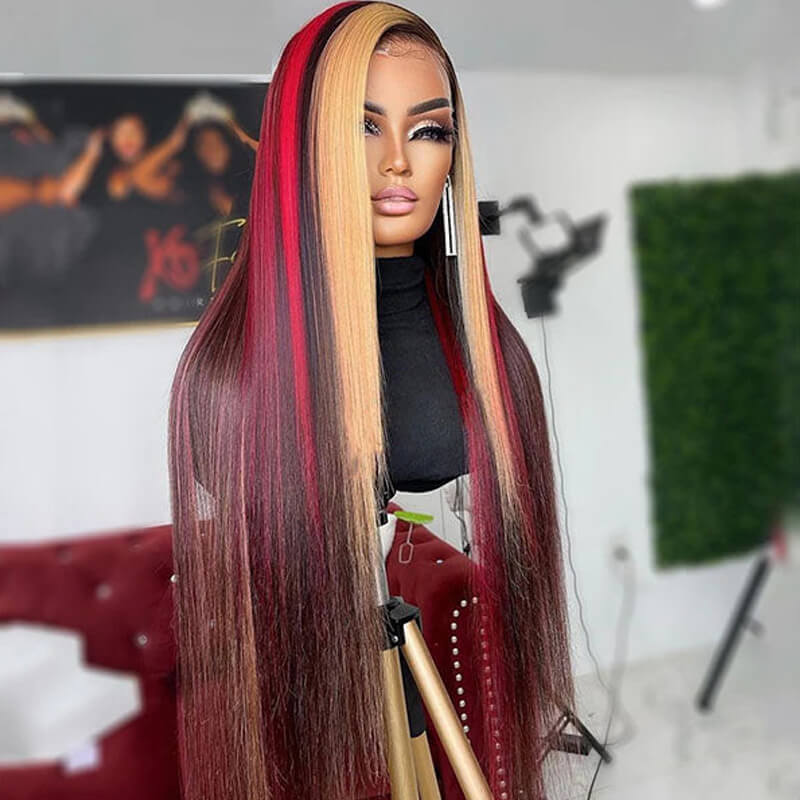 Eullair Black Red Blonde Body Wave Wig with Blue Orange Balayage Highlights - 3 Color Straight Lace Frontal Human Hair Wig for Cosplay, Halloween & Daily Fashion